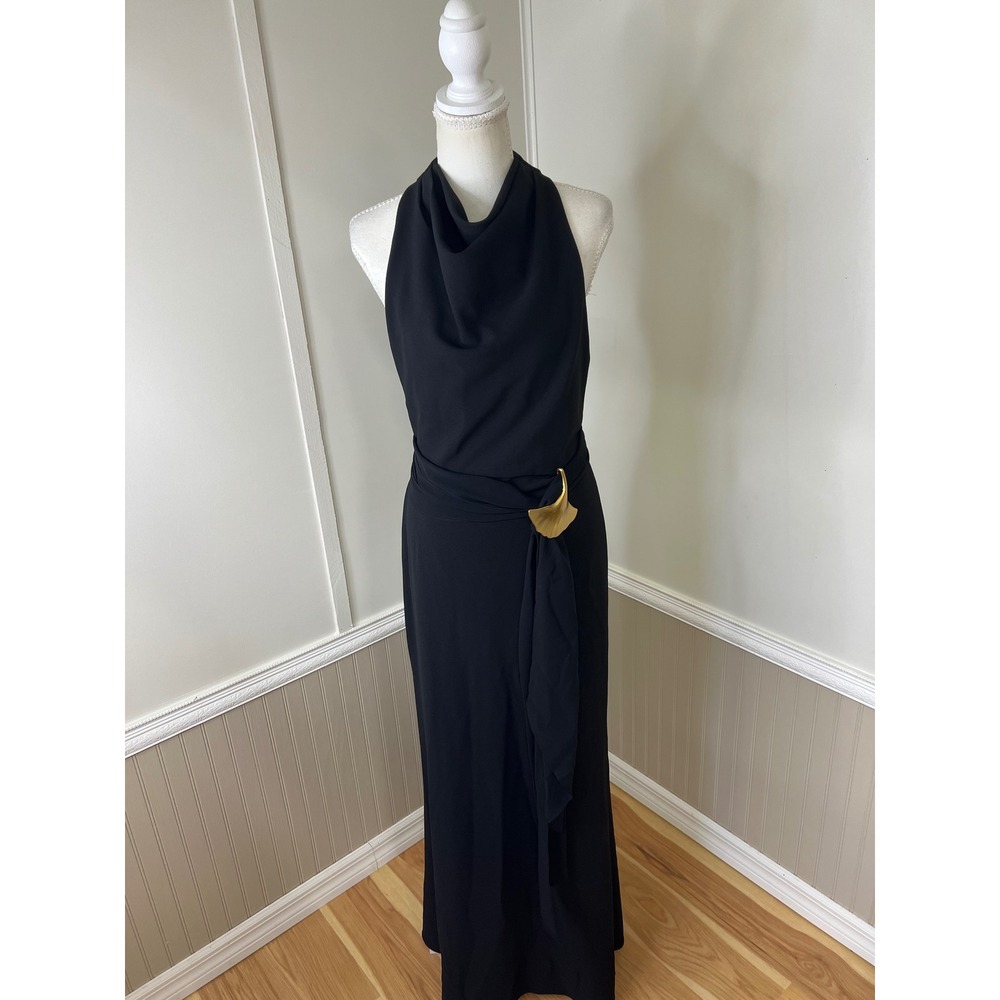 Donna Karan New York Black Cowl Neck Gown Gold Ginkgo Leaf Detail Size 6 NWT - Picture 6 of 15